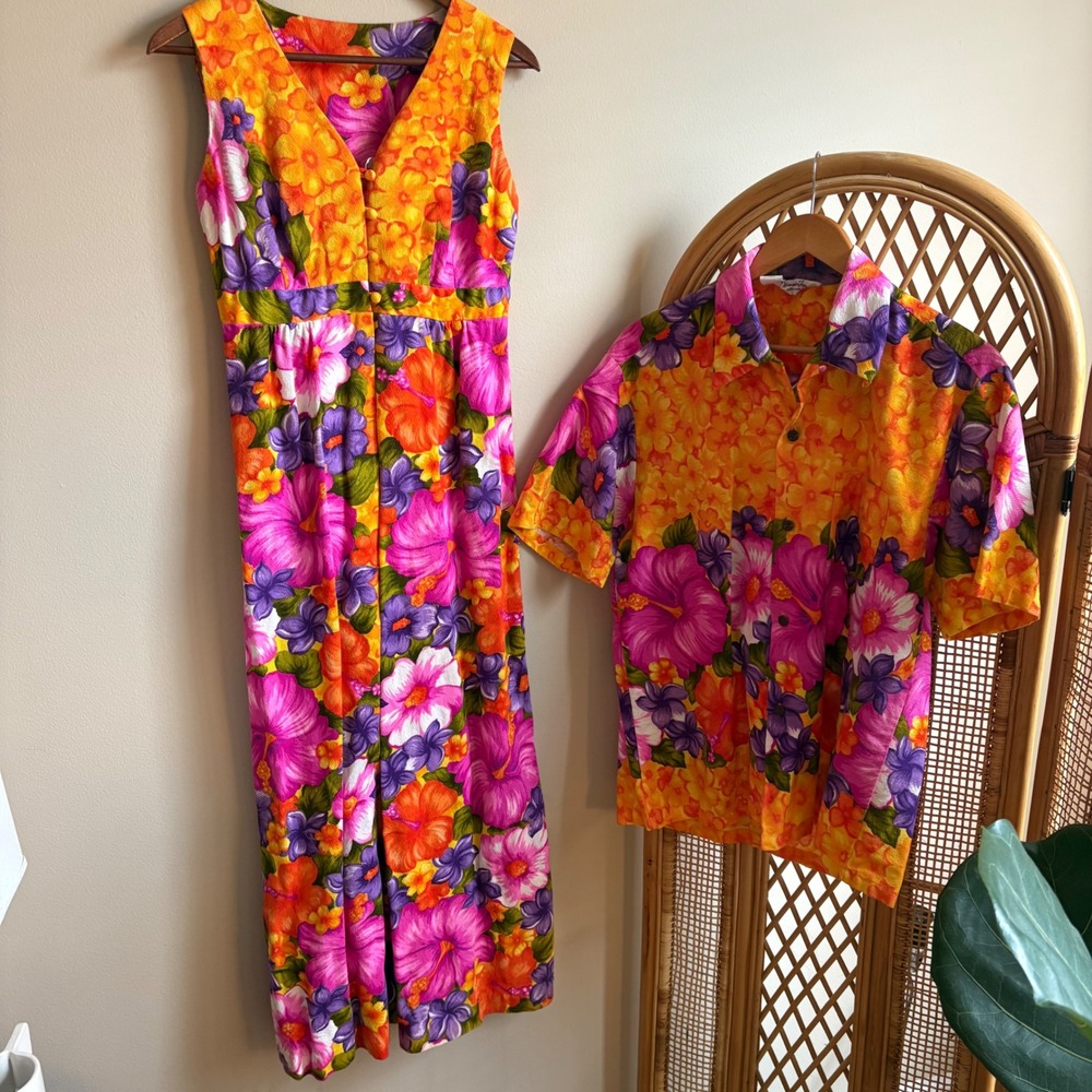Vintage 60's Hawaiian Togs Womans Orange Barkcloth Dress and Shirt Honeymoon Set